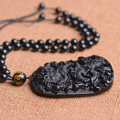 Obsidian Dragon & Tiger Pendant + Necklace [Free Today]