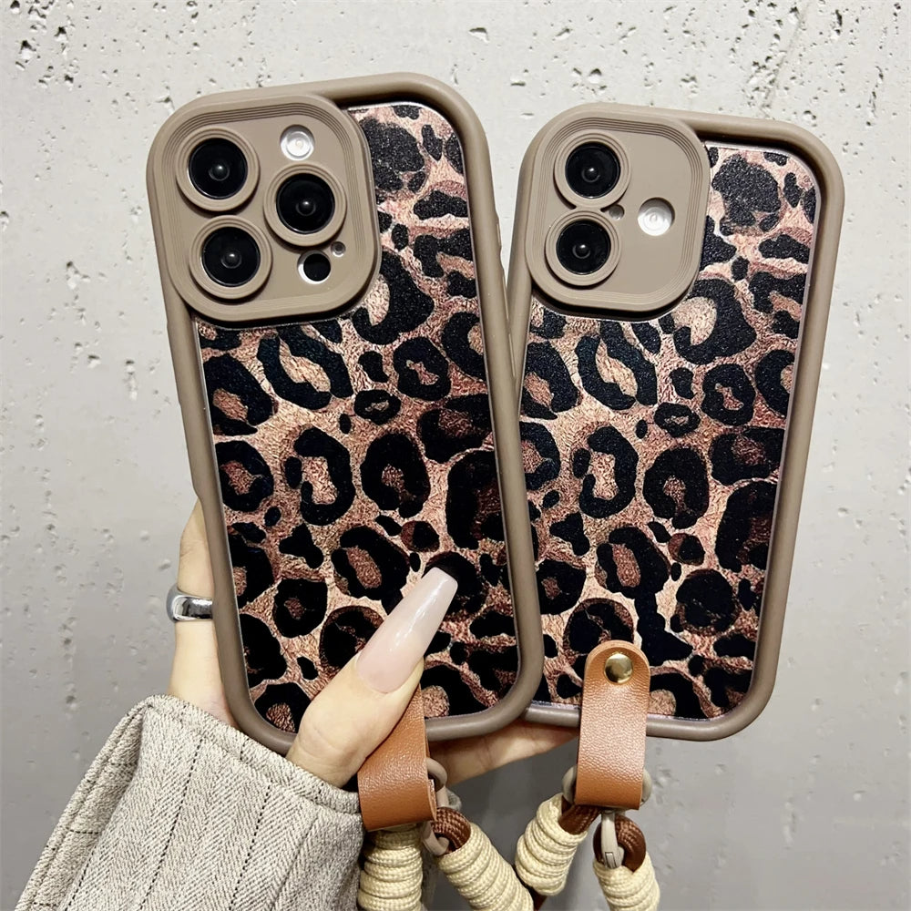 Leopard Pattern Wrist Strap iPhone Case