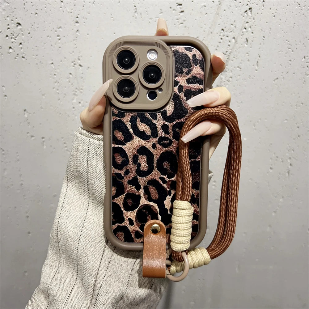 Leopard Pattern Wrist Strap iPhone Case