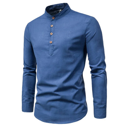 Modern Slim-Fit Cotton Shirt with Stand-Up Collar