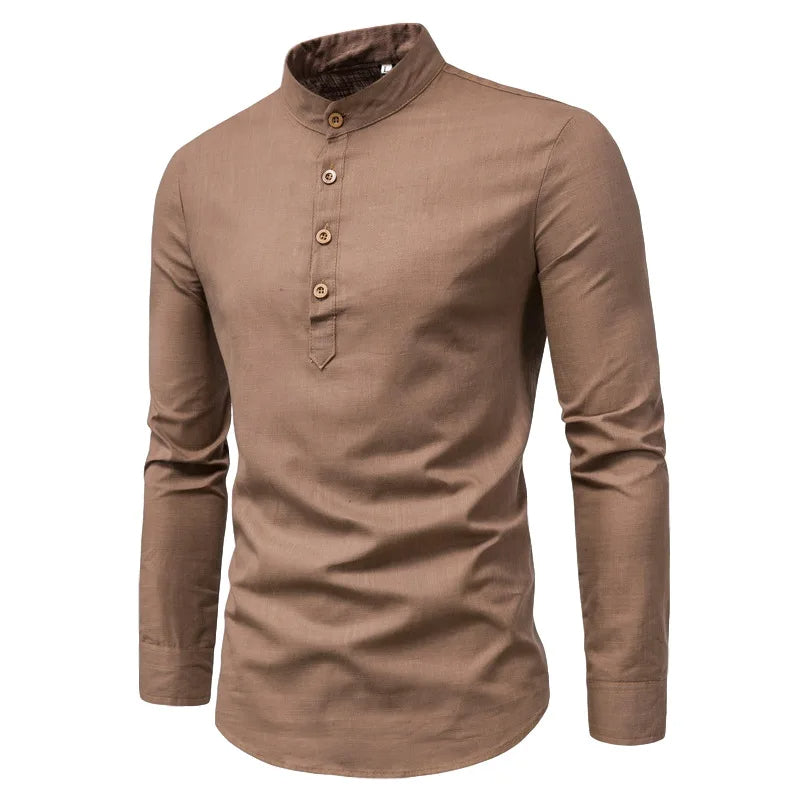 Modern Slim-Fit Cotton Shirt with Stand-Up Collar