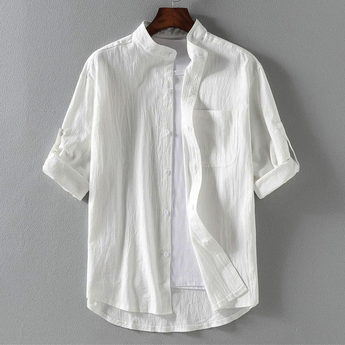 Stand Collar Mid-Sleeve Men's Shirt