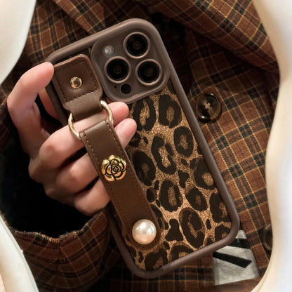 Leopard Pattern Wrist Strap iPhone Case