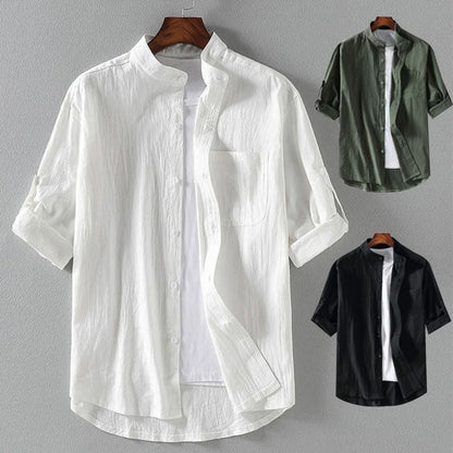 Stand Collar Mid-Sleeve Men's Shirt